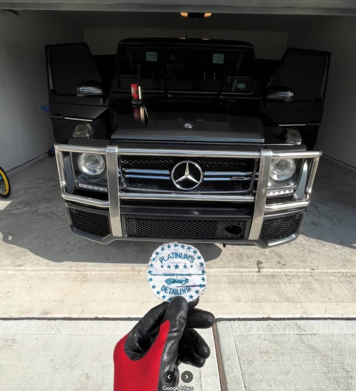 Black Mercedes-AMG G63 detailed by Platinums Mobile Detailing in a Katy, Texas garage